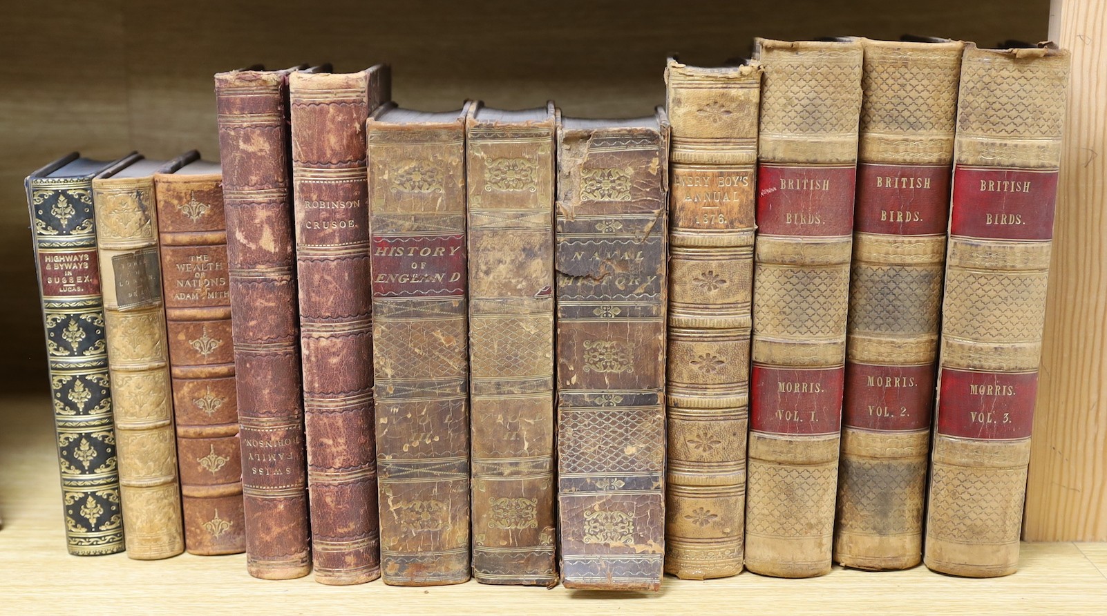 Assorted leather bindings, to include British Birds Vol.1-3, etc.